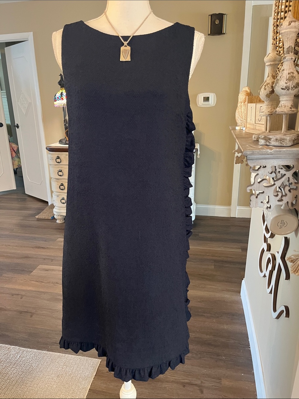 Sara Campbell Navy Blue Sleeveless Ruffle-Trim Midi Dress
